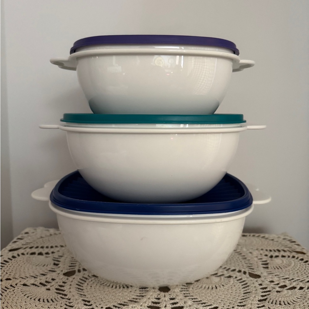 Tupperware Servalier Bowl set of 3 w/lids white butterfly blue teal purple